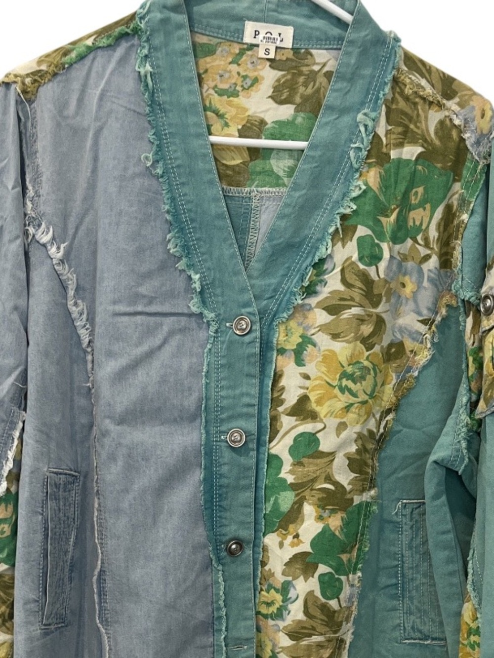 Pol Patchwork Floral & Chambray Button Front Jacket - Green Floral